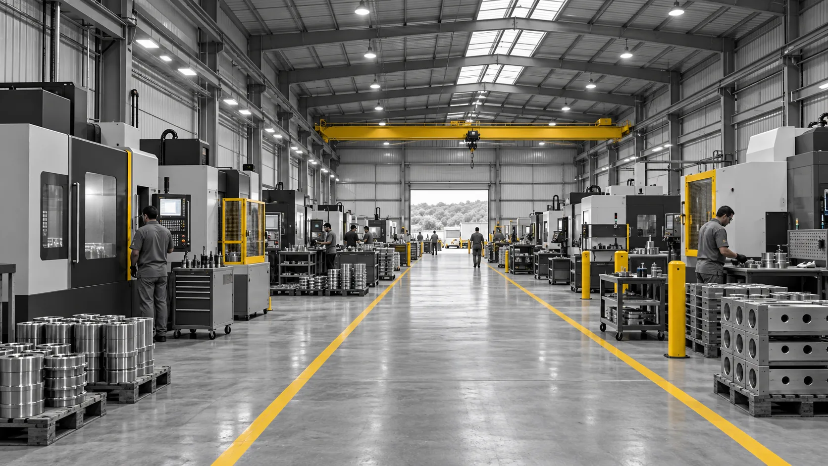 Interior de fábrica de usinagem — divulgação de máquinas e equipamentos industriais